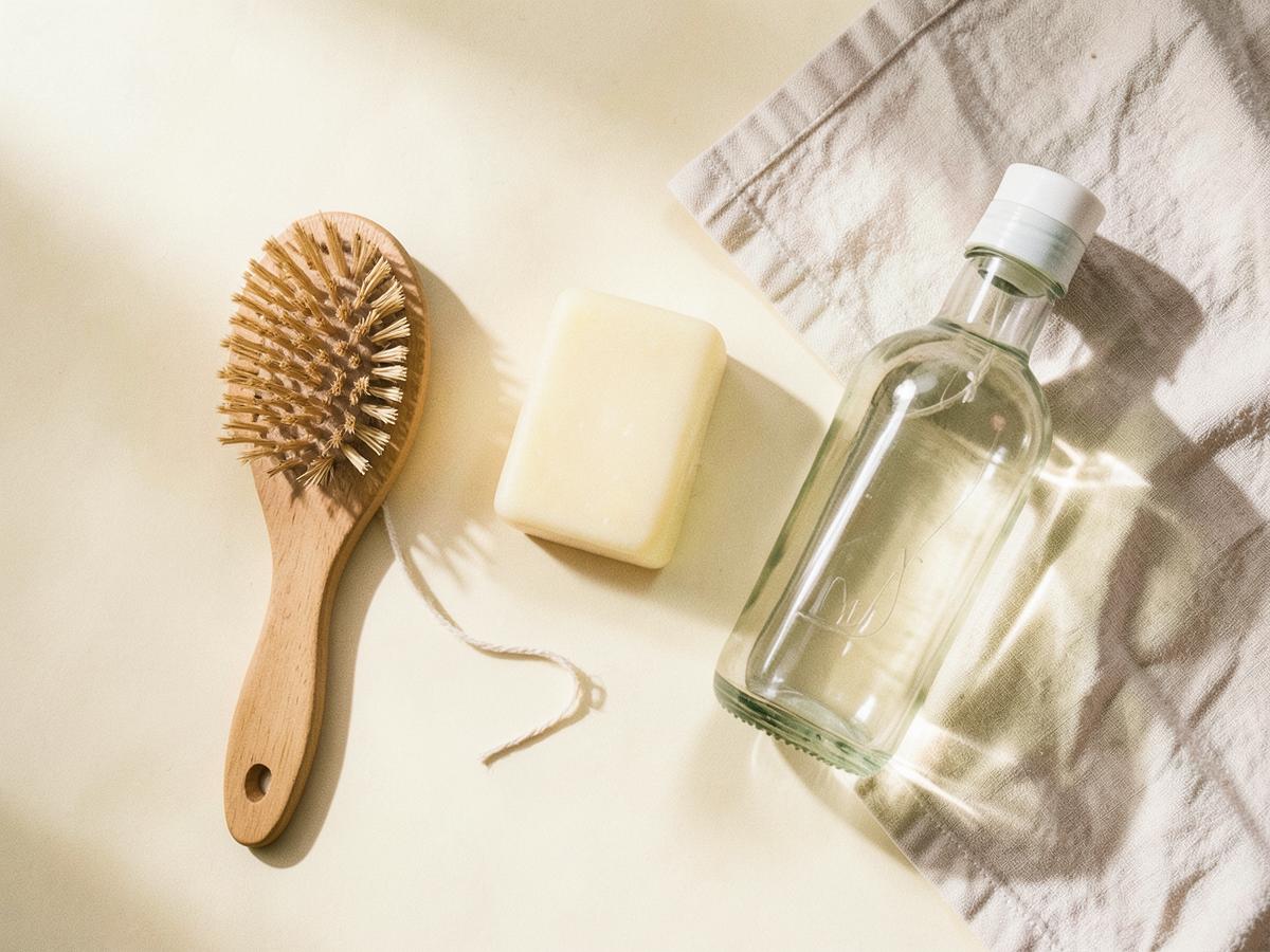 Wooden brush, bar soap and a clear glass bottle arranged on a warm cream surface with soft shadows