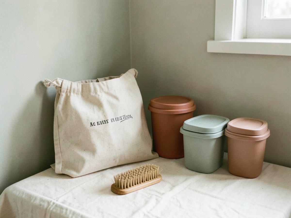Cloth produce bag, wooden scrub brush and reusable containers on a linen-covered table in a sunlit corner